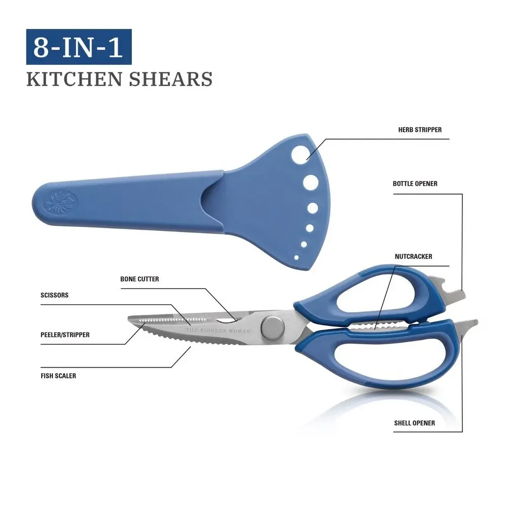 Pioneer Woman Serrated Chef Kitchen Shears 8 in 1 Stainless Steel Blue